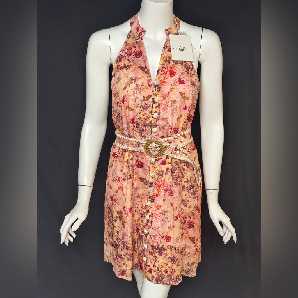 Anna Cate Size Small Floral Pink Halter Dress With Belt